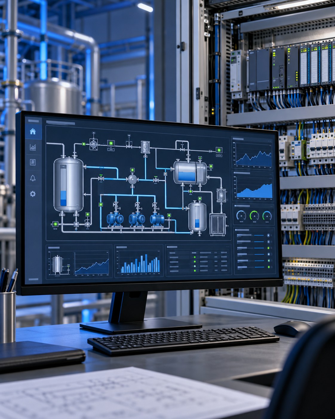 Ilustración de supervisión SCADA y sistemas de automatización industrial